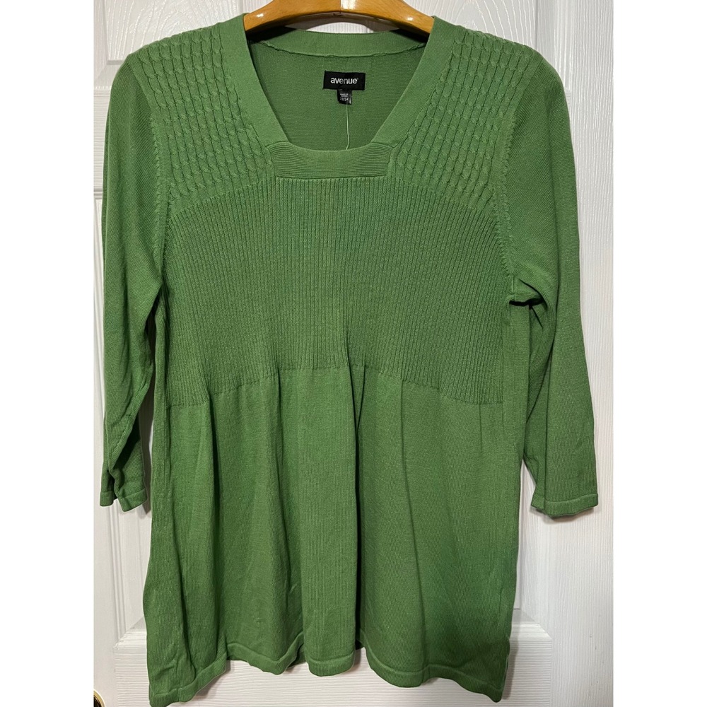Avenue NWT Green Ribbed Square Neck 3/4 Sleeve Knit Sweater Top Plus Size 22/24